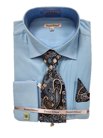 A folded turquoise dress shirt features a paisley-patterned tie and matching pocket square, with the branded tag of Daniel Ellissa visible on the packaging.