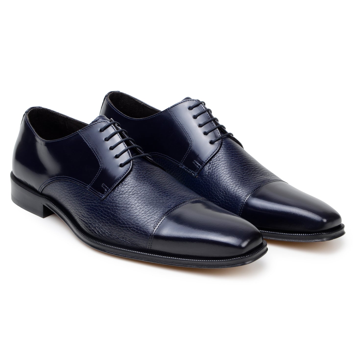 The BELVEDERE Alexander is a navy Italian deerskin/calf cap toe oxford dress shoe with a black sole, shown in a side view against a white background.