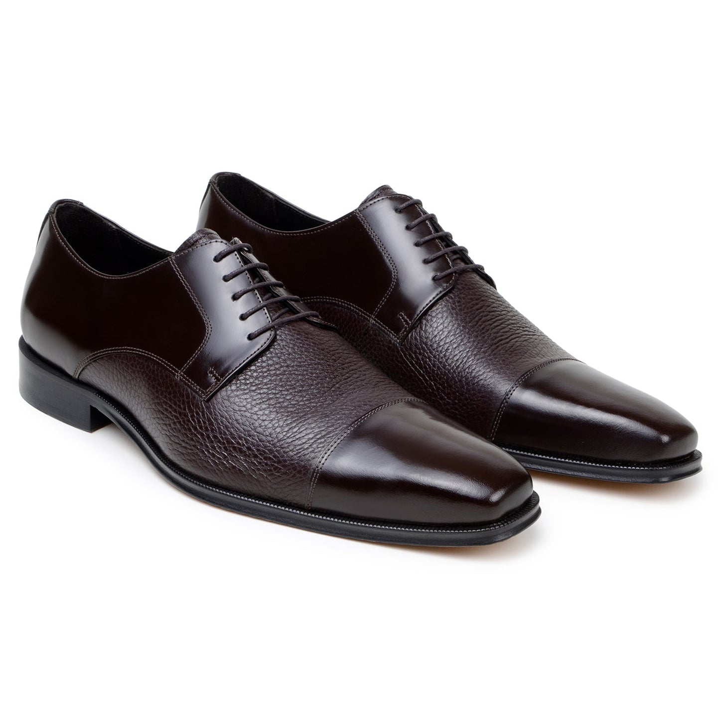 The BELVEDERE Alexander is a brown genuine Italian deerskin/calf dress shoe featuring a polished toe, textured midsection, low heel, and lace-up design, handcrafted in Brazil and displayed in side profile on a white background.