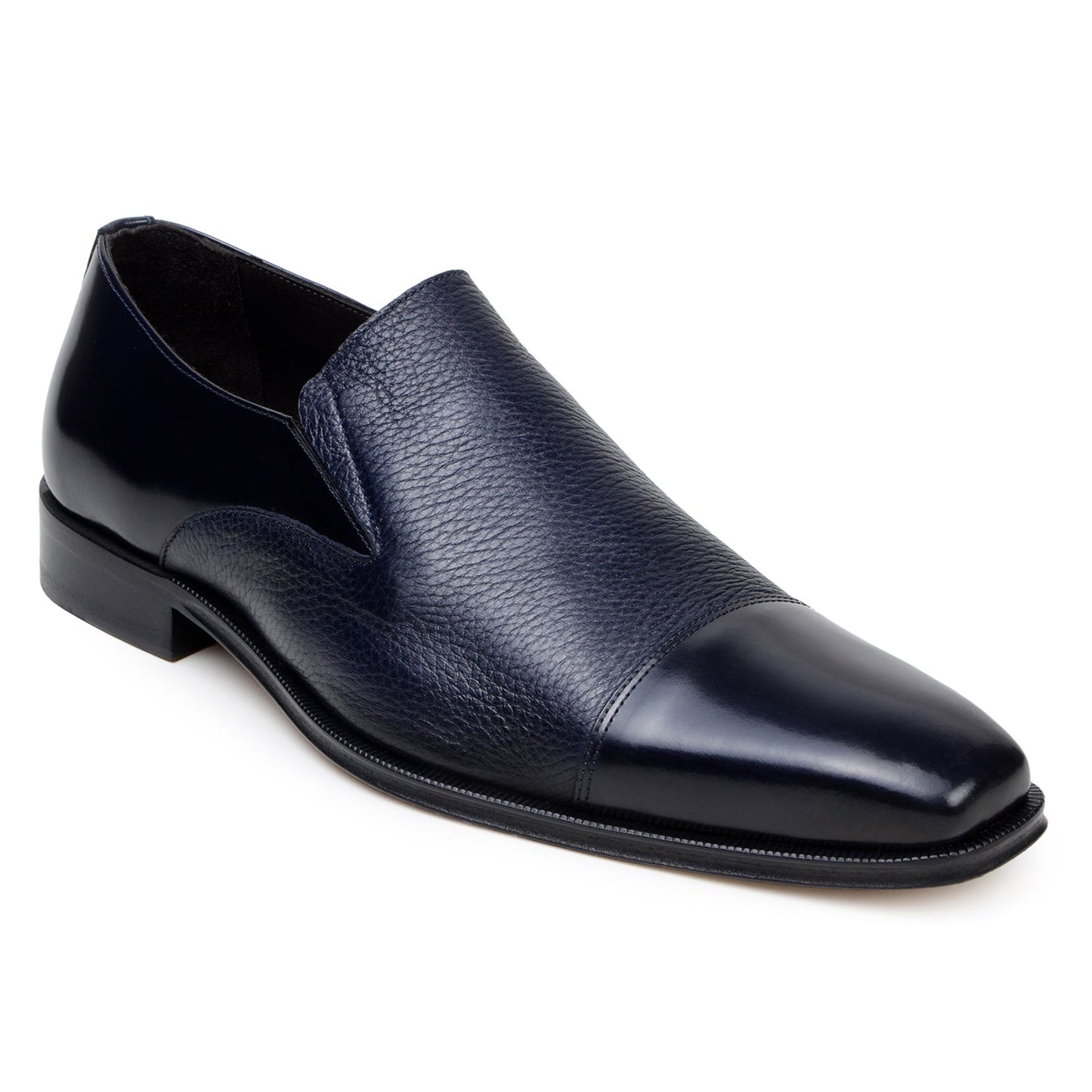 The BELVEDERE Belvedere - Andreo is a navy genuine Italian deerskin and calf slip-on dress shoe, shown in profile with smooth/textured finishes and a low heel against a white background.