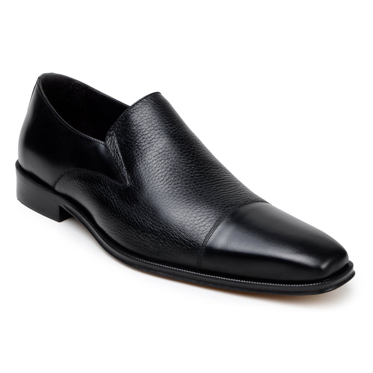 The BELVEDERE Andreo is a black slip-on dress shoe with a low heel and textured genuine Italian deerskin/calf leather upper, shown in side profile on a white background.