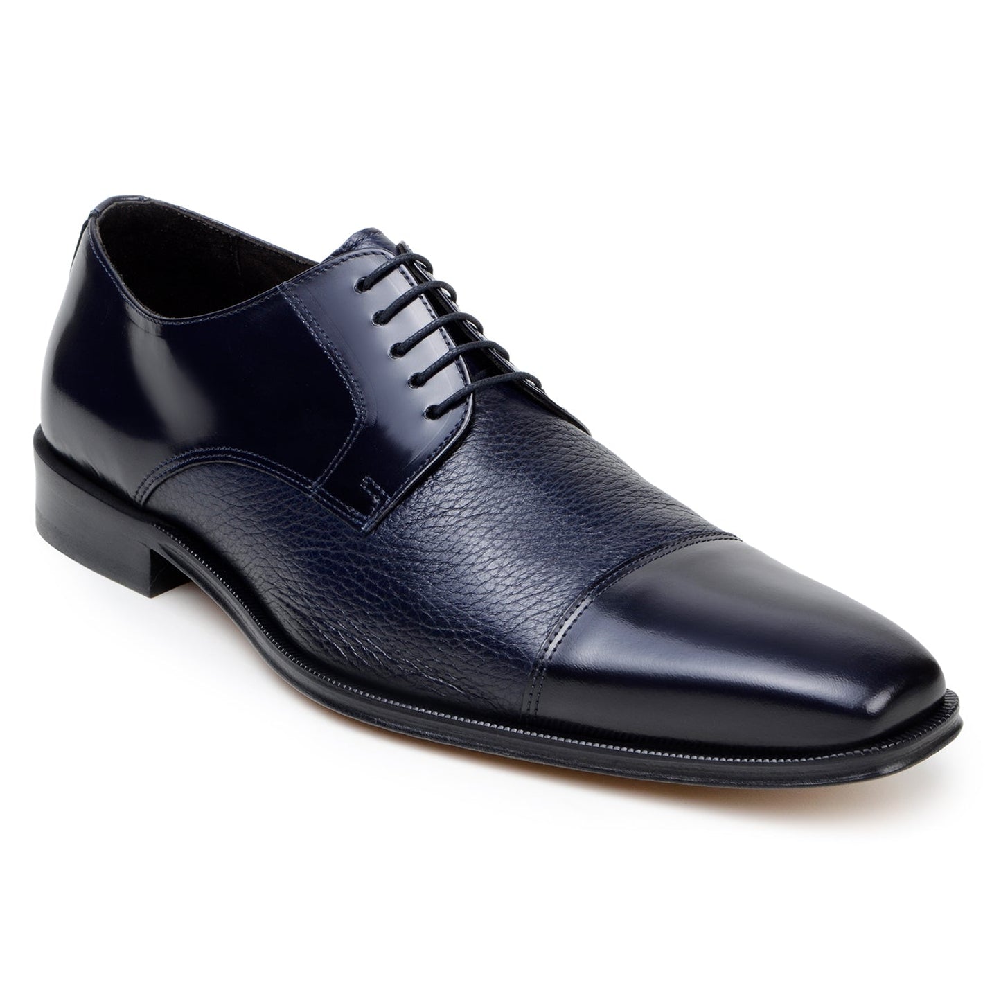 The BELVEDERE Alexander is a navy Italian deerskin/calf cap toe oxford dress shoe with a black sole, shown in a side view against a white background.
