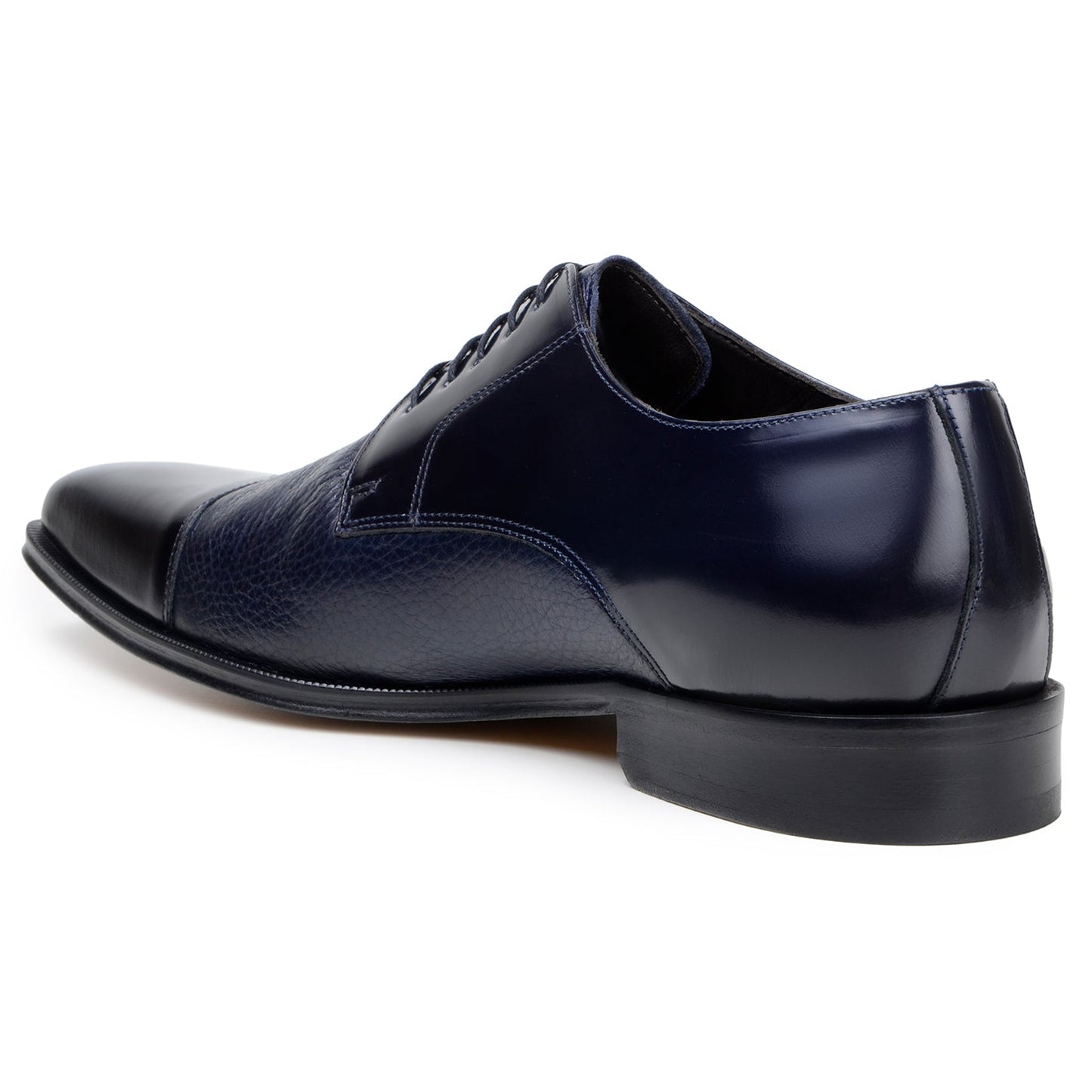 The BELVEDERE Alexander is a navy Italian deerskin/calf cap toe oxford dress shoe with a black sole, shown in a side view against a white background.