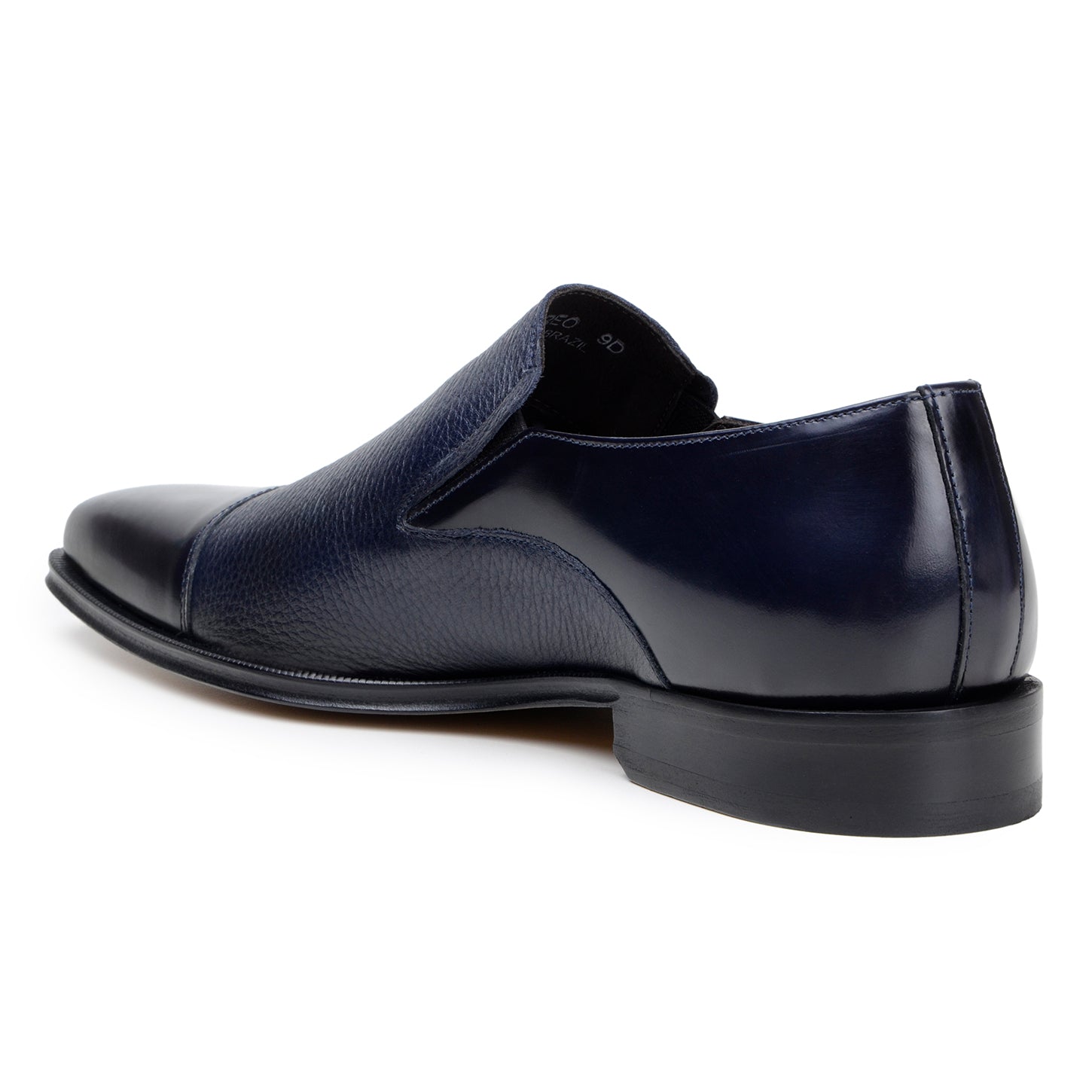 The BELVEDERE Belvedere - Andreo is a navy genuine Italian deerskin and calf slip-on dress shoe, shown in profile with smooth/textured finishes and a low heel against a white background.