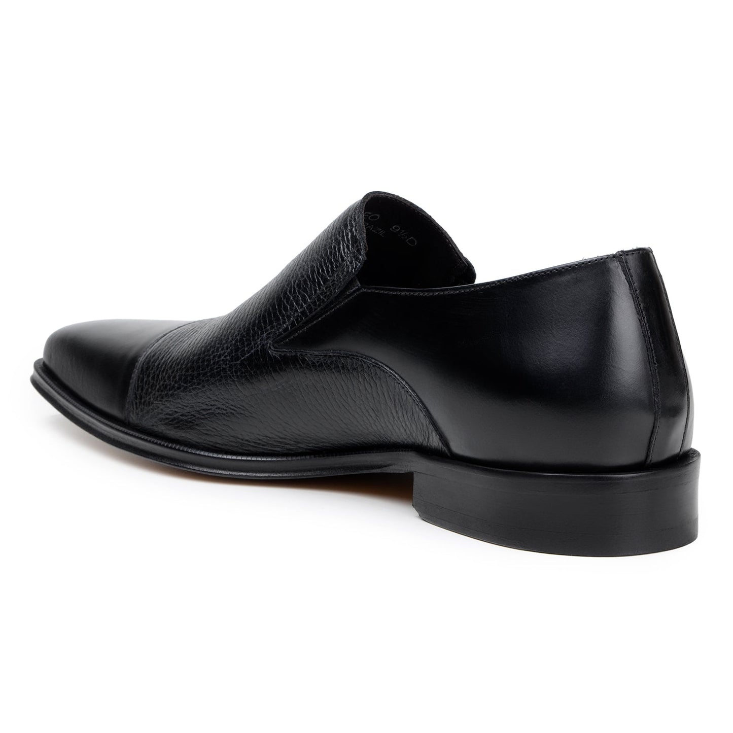 The BELVEDERE Andreo is a black slip-on dress shoe with a low heel and textured genuine Italian deerskin/calf leather upper, shown in side profile on a white background.