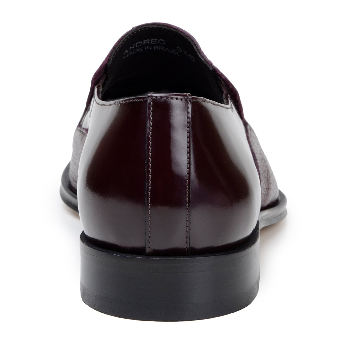 The BELVEDERE Andreo is a genuine Italian deerskin and calf burgundy dress shoe, featuring a slip-on design, low black heel, and mixed smooth-textured finishes—crafted for style and comfort.