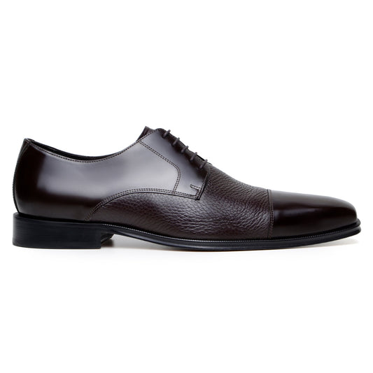 The BELVEDERE Alexander is a brown genuine Italian deerskin/calf dress shoe featuring a polished toe, textured midsection, low heel, and lace-up design, handcrafted in Brazil and displayed in side profile on a white background.