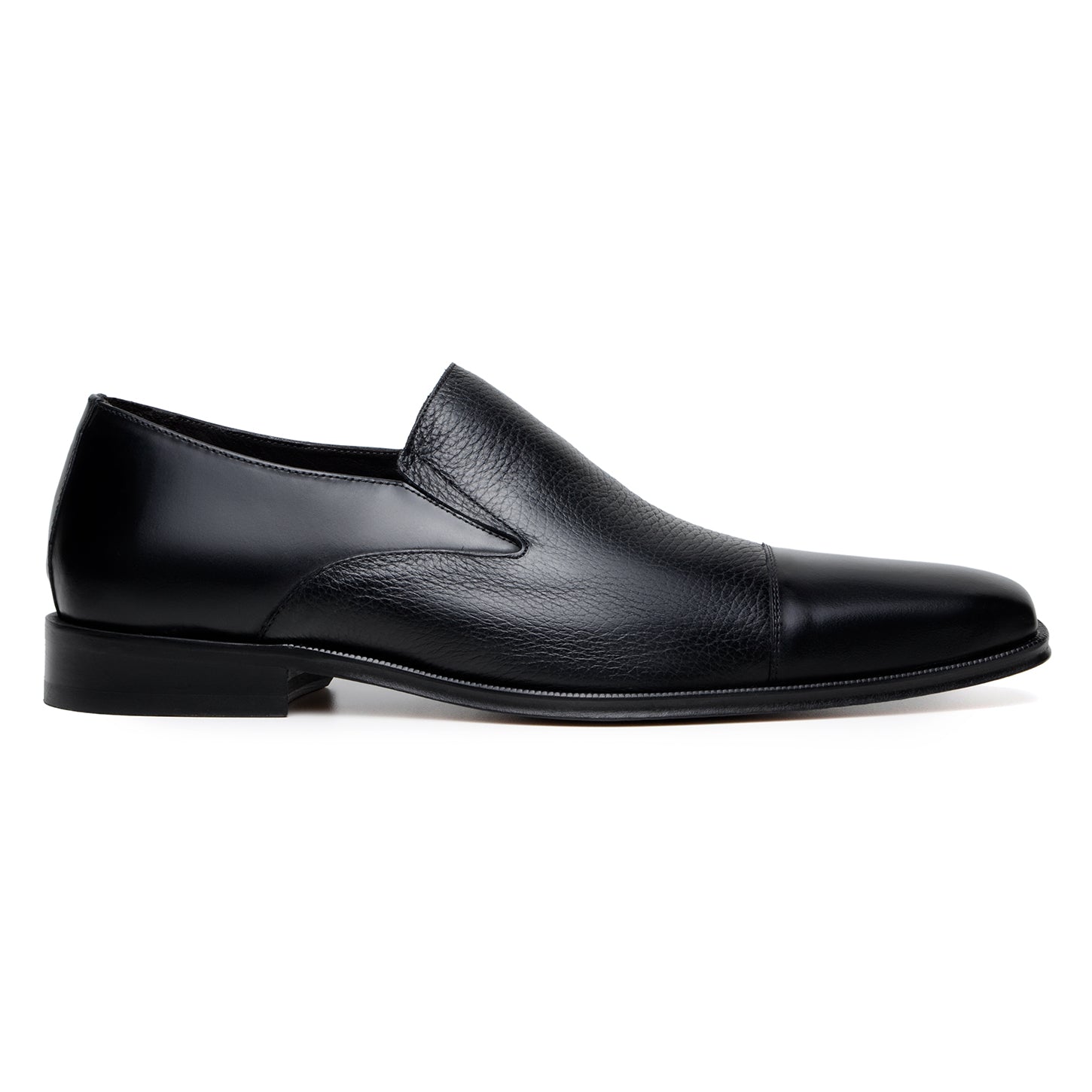 The BELVEDERE Andreo is a black slip-on dress shoe with a low heel and textured genuine Italian deerskin/calf leather upper, shown in side profile on a white background.