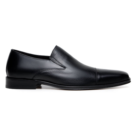 The BELVEDERE Andreo is a black slip-on dress shoe with a low heel and textured genuine Italian deerskin/calf leather upper, shown in side profile on a white background.