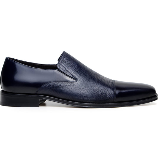 The BELVEDERE Belvedere - Andreo is a navy genuine Italian deerskin and calf slip-on dress shoe, shown in profile with smooth/textured finishes and a low heel against a white background.