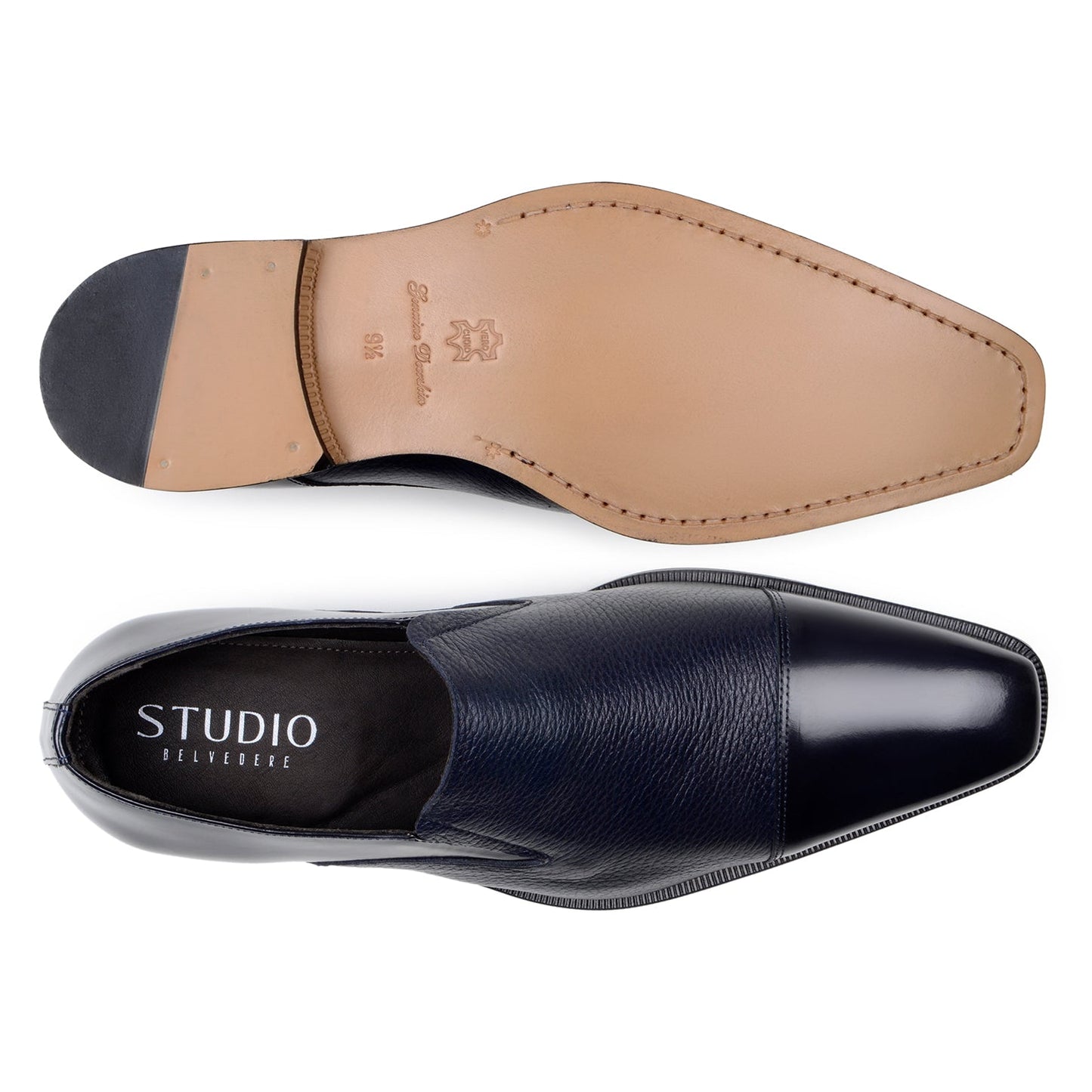 The BELVEDERE Belvedere - Andreo is a navy genuine Italian deerskin and calf slip-on dress shoe, shown in profile with smooth/textured finishes and a low heel against a white background.
