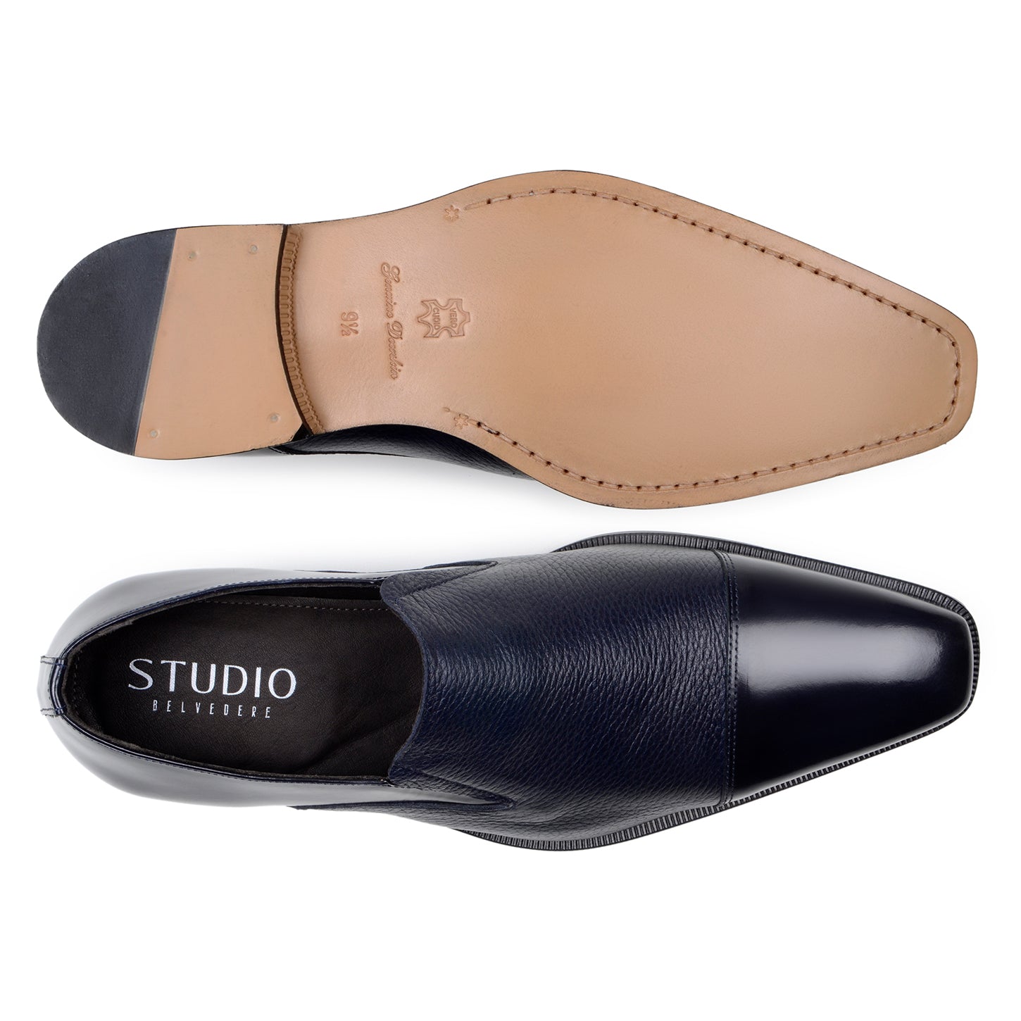 The BELVEDERE Belvedere - Andreo is a navy genuine Italian deerskin and calf slip-on dress shoe, shown in profile with smooth/textured finishes and a low heel against a white background.