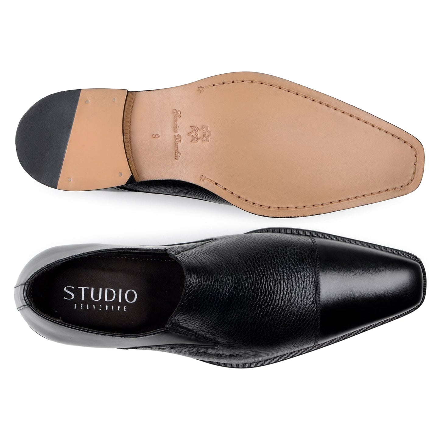 The BELVEDERE Andreo is a black slip-on dress shoe with a low heel and textured genuine Italian deerskin/calf leather upper, shown in side profile on a white background.
