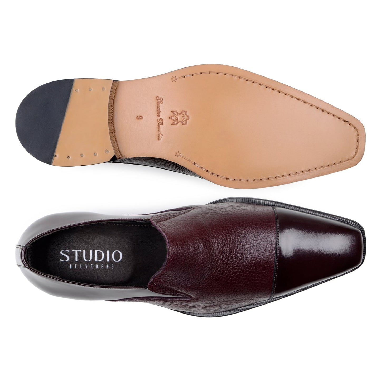 The BELVEDERE Andreo is a genuine Italian deerskin and calf burgundy dress shoe, featuring a slip-on design, low black heel, and mixed smooth-textured finishes—crafted for style and comfort.