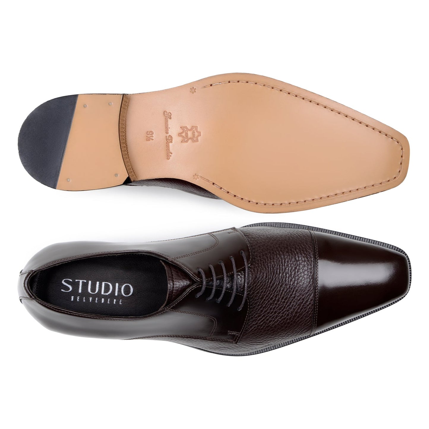 The BELVEDERE Alexander is a brown genuine Italian deerskin/calf dress shoe featuring a polished toe, textured midsection, low heel, and lace-up design, handcrafted in Brazil and displayed in side profile on a white background.