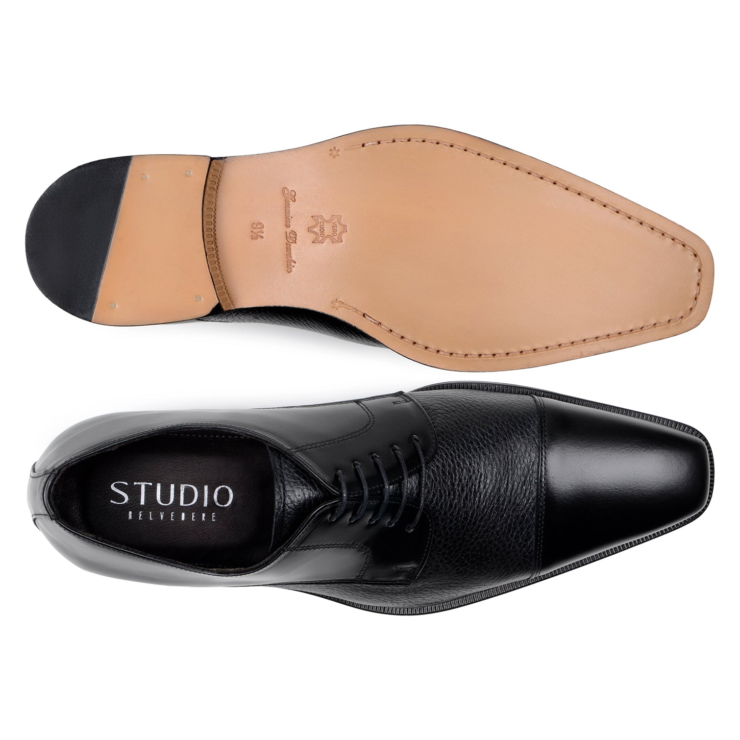 The BELVEDERE Alexander is a black men's dress shoe made of genuine Italian deerskin and calf, featuring a cap toe, lace-up closure, and low heel. Handcrafted in Brazil, shown in side profile on a white background.