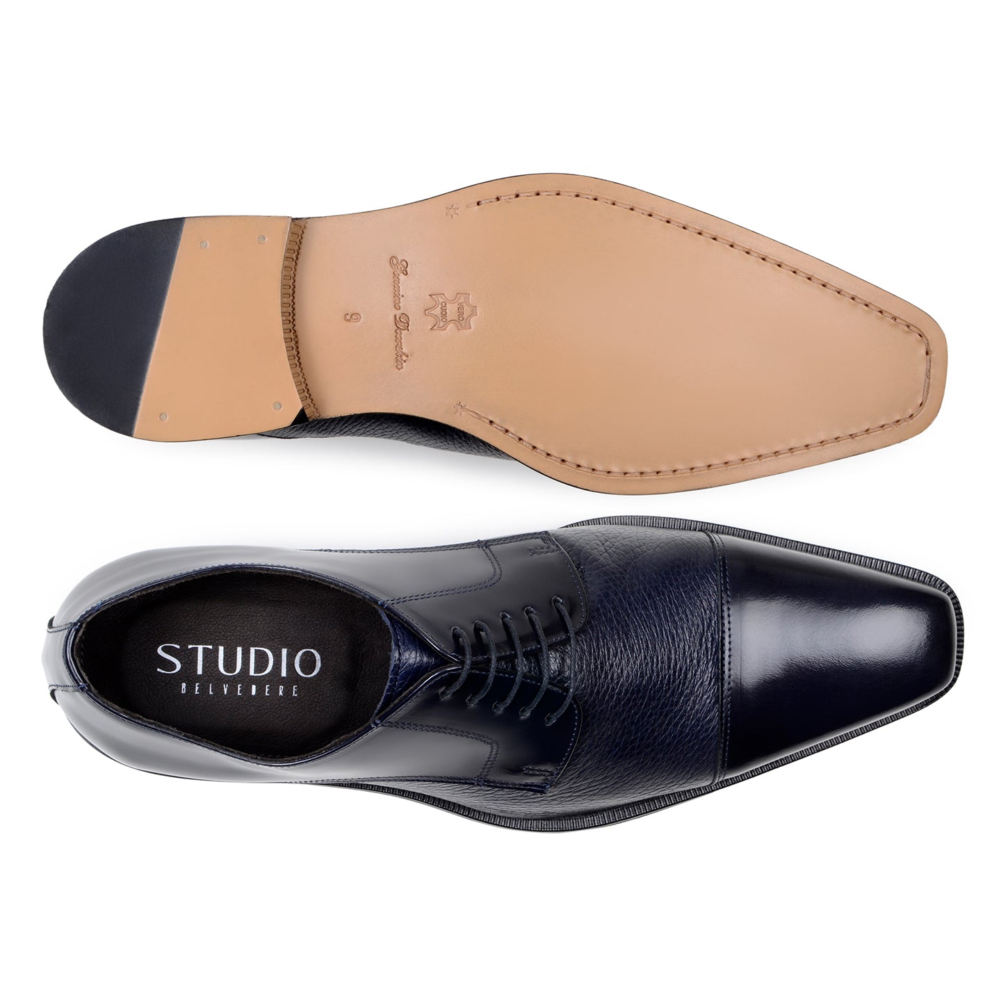 The BELVEDERE Alexander is a navy Italian deerskin/calf cap toe oxford dress shoe with a black sole, shown in a side view against a white background.