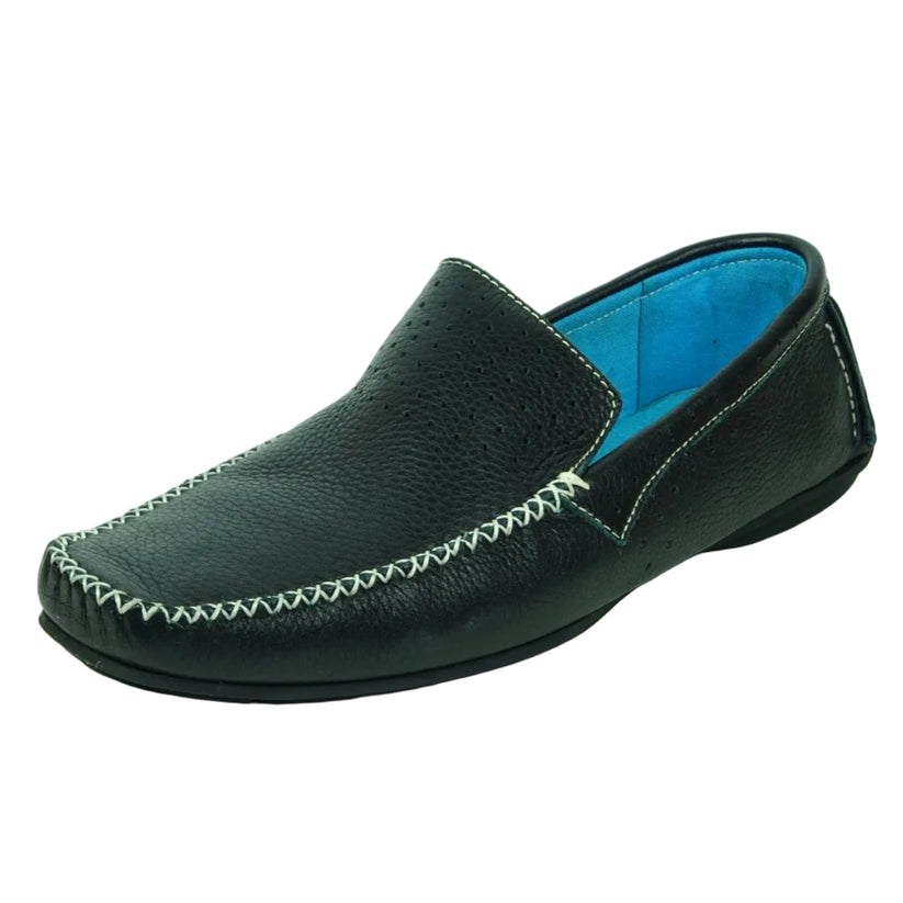 The FI-4001 Black Fiesso By Aurelio Garcia by Fiesso is a black slip-on leather loafer with white stitching and a blue inner lining, featuring a cushioned insole for added comfort, displayed on a plain white background.