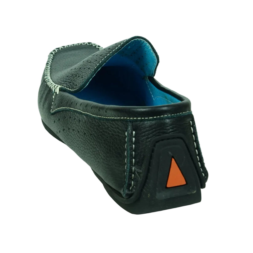 The FI-4001 Black Fiesso By Aurelio Garcia by Fiesso is a black slip-on leather loafer with white stitching and a blue inner lining, featuring a cushioned insole for added comfort, displayed on a plain white background.