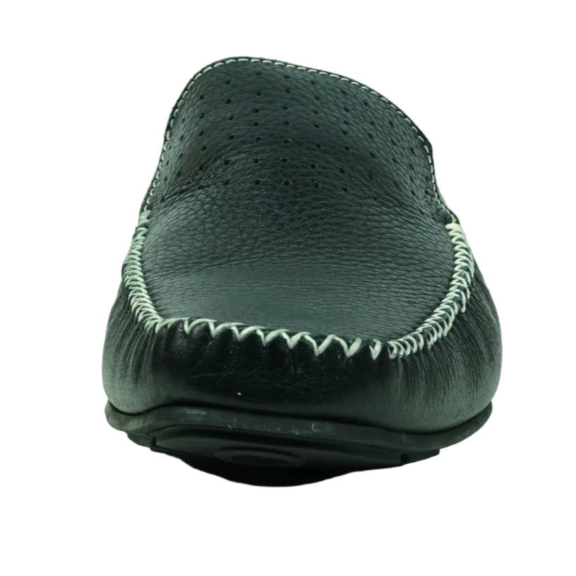 The FI-4001 Black Fiesso By Aurelio Garcia by Fiesso is a black slip-on leather loafer with white stitching and a blue inner lining, featuring a cushioned insole for added comfort, displayed on a plain white background.