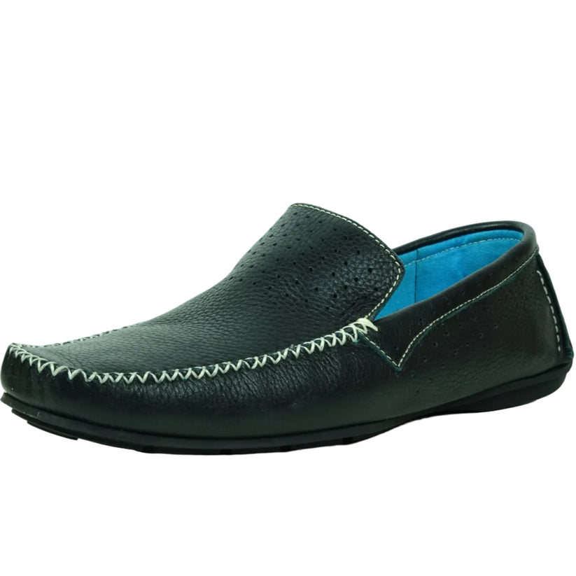 The FI-4001 Black Fiesso By Aurelio Garcia by Fiesso is a black slip-on leather loafer with white stitching and a blue inner lining, featuring a cushioned insole for added comfort, displayed on a plain white background.