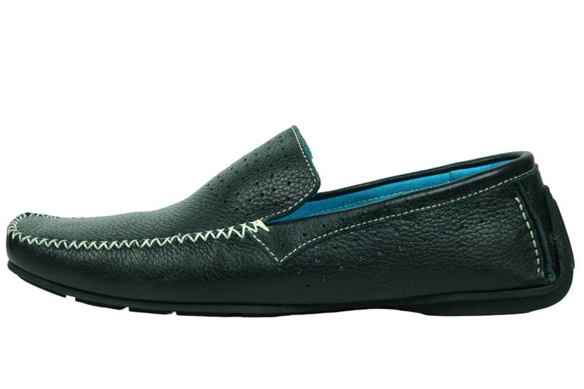 The FI-4001 Black Fiesso By Aurelio Garcia by Fiesso is a black slip-on leather loafer with white stitching and a blue inner lining, featuring a cushioned insole for added comfort, displayed on a plain white background.