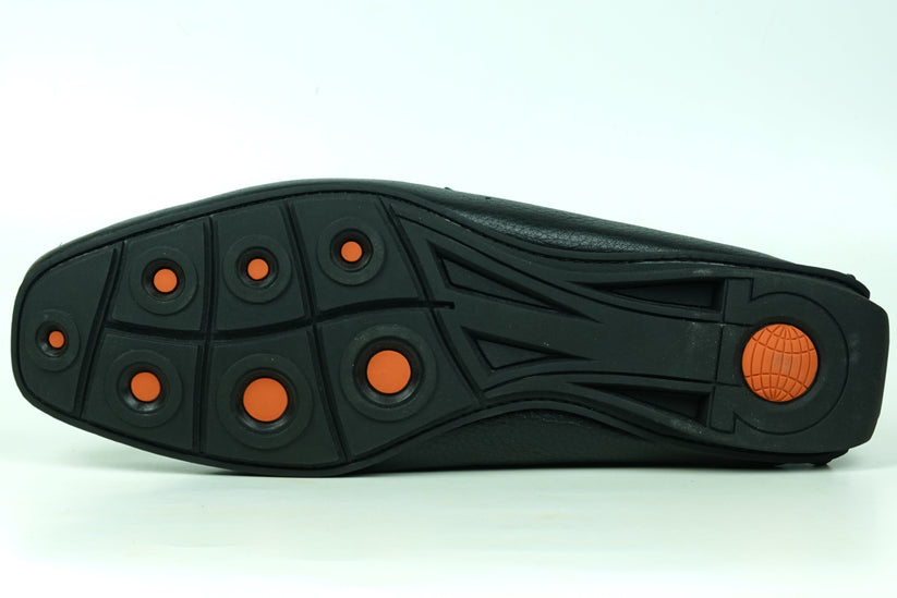 The FI-4001 Black Fiesso By Aurelio Garcia by Fiesso is a black slip-on leather loafer with white stitching and a blue inner lining, featuring a cushioned insole for added comfort, displayed on a plain white background.