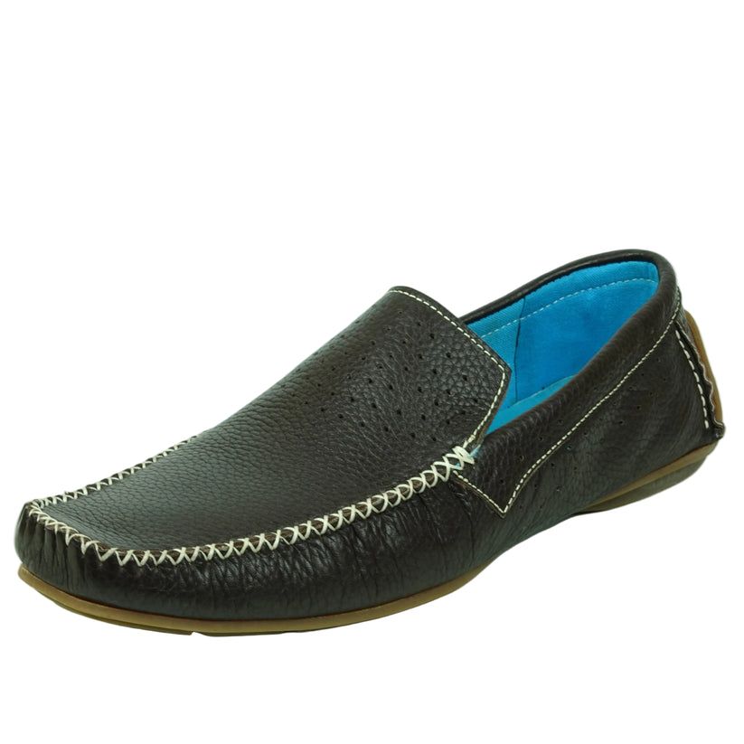 A single FI-4001 Brown Fiesso By Aurelio Garcia loafer by Fiesso is displayed from a side angle on a white background, featuring black slip-on leather with white stitching, blue inner lining, a brown sole, and a cushioned insole for added comfort.