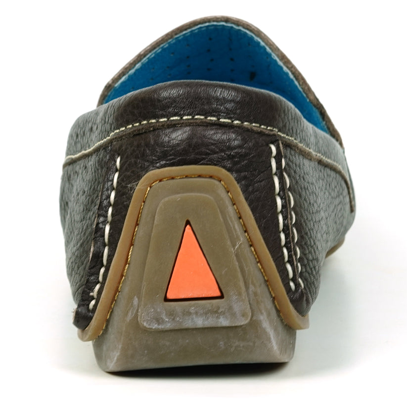 A single FI-4001 Brown Fiesso By Aurelio Garcia loafer by Fiesso is displayed from a side angle on a white background, featuring black slip-on leather with white stitching, blue inner lining, a brown sole, and a cushioned insole for added comfort.