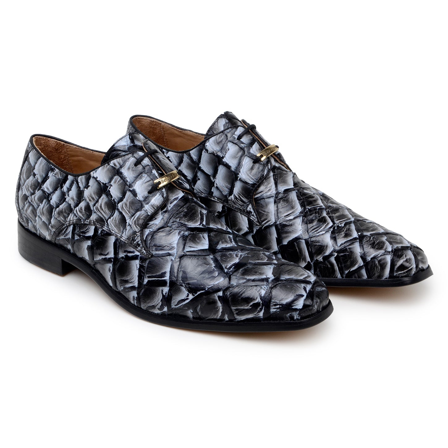 The BELVEDERE Renzo Genuine Pirarucu Shoe in Ivory Black features textured exotic fish leather with a crocodile-like shine and sleek black soles.
