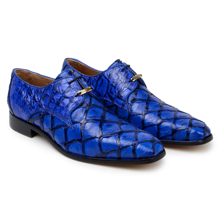 The Belvedere Renzo Genuine Pirarucu Shoe in Royal Blue (BR01) features striking blue exotic fish leather, black soles, and gold lace accents.