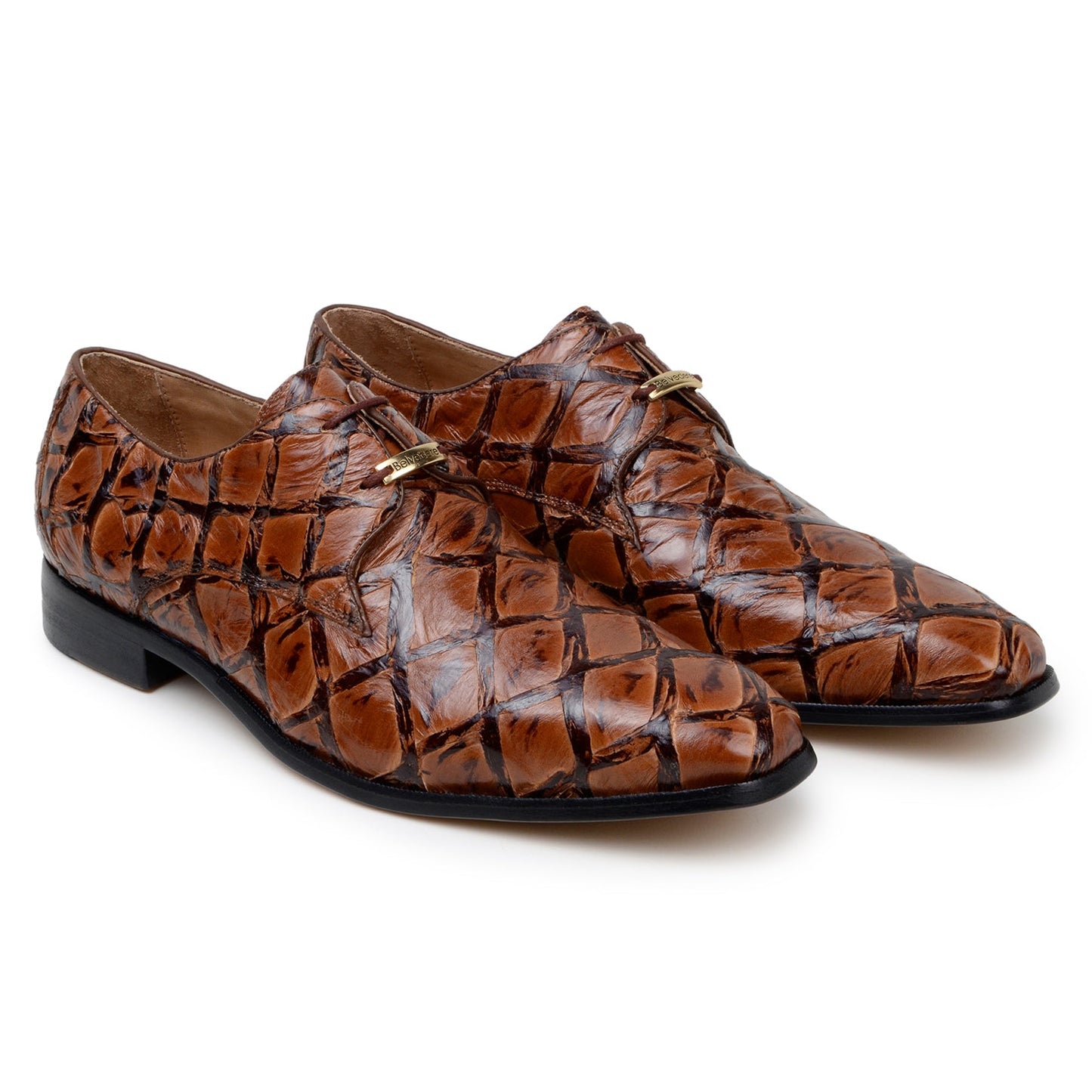 The Belvedere Renzo Genuine Pirarucu Shoe in Ant Almond features a brown crocodile-pattern design, lace-up derby style, slight heel, and gold-tone metal accents.