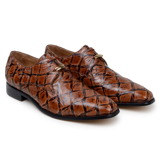 The Belvedere Renzo Genuine Pirarucu Shoe in Ant Almond features a brown crocodile-pattern design, lace-up derby style, slight heel, and gold-tone metal accents.