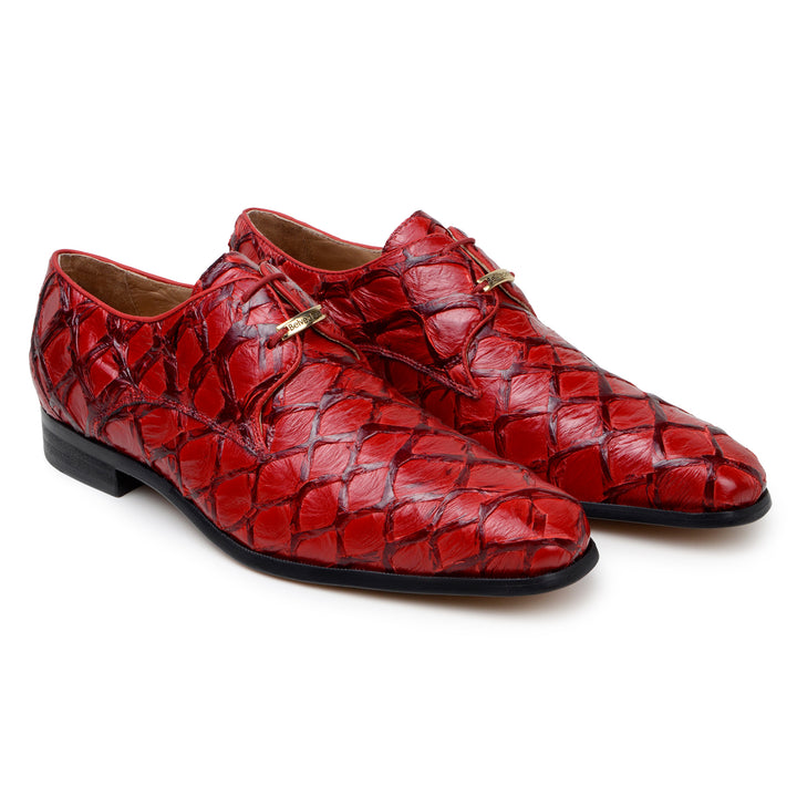 Belvedere Renzo Genuine Red Pirarucu Shoes BR01 feature textured exotic fish leather, lace-up derby style, woven pattern, black soles, and metallic details near the laces. FINAL SALE in store.
