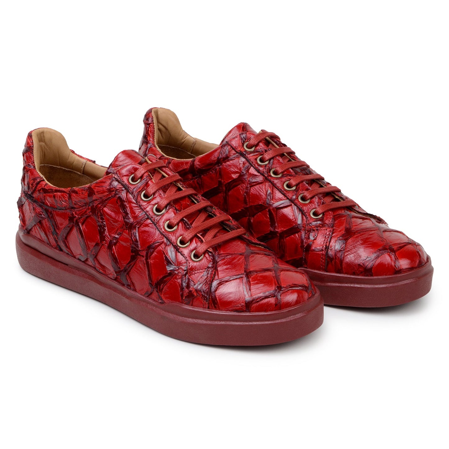BELVEDERE’s Kingstone Genuine Pirarucu Shoe in red (BR02) features a glossy, textured crocodile-like finish, flat sole, gold eyelets, and lace-up design—shown here in a striking side profile view.
