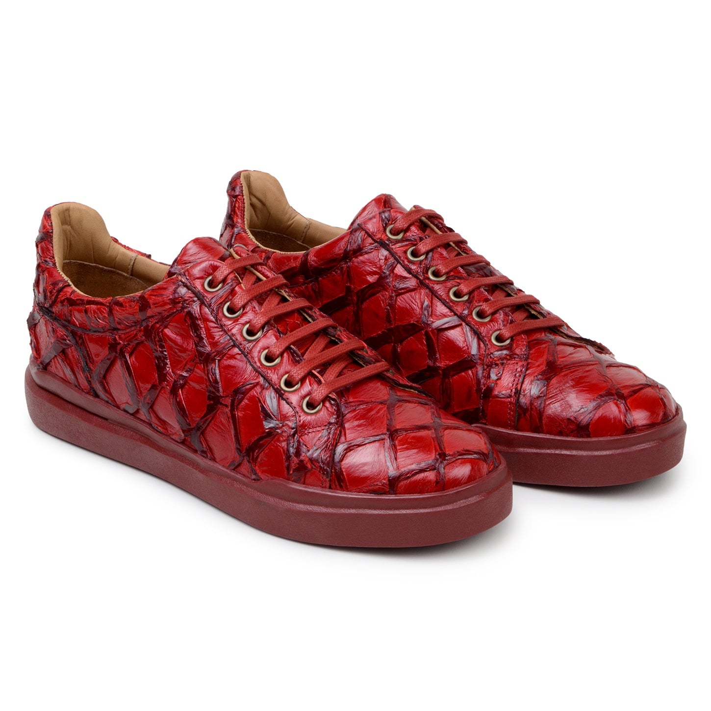 BELVEDERE’s Kingstone Genuine Pirarucu Shoe in red (BR02) features a glossy, textured crocodile-like finish, flat sole, gold eyelets, and lace-up design—shown here in a striking side profile view.