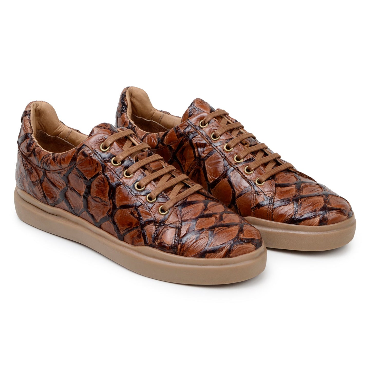 BELVEDERE’s Kingstone Genuine Pirarucu Shoe in Ant. Almond features a textured, scale-inspired upper and light brown rubber sole, shown in side profile view.
