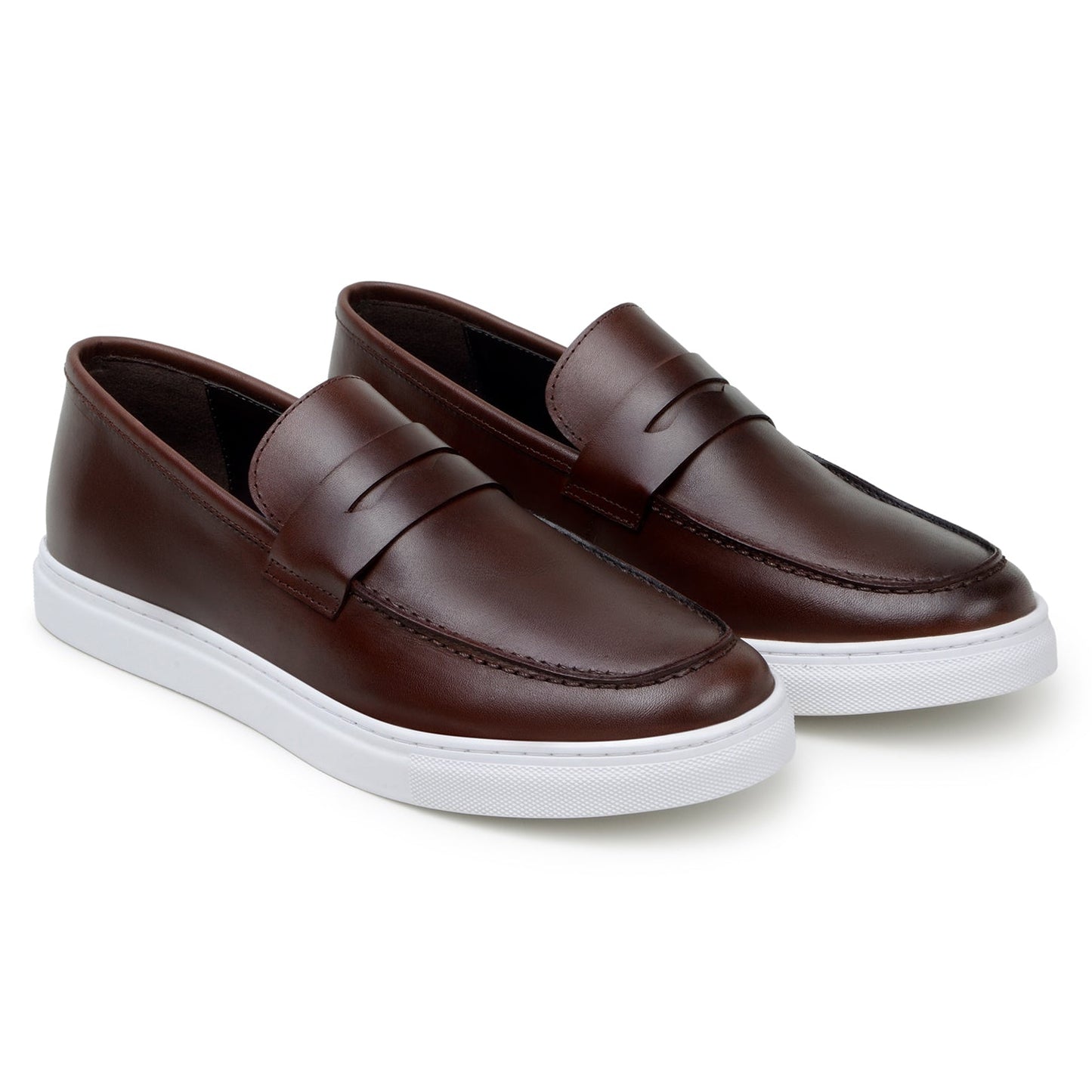 The BELVEDERE Belvedere - Elliot Hybrid Penny Loafer in brown nappa leather features a white rubber sole, displayed in a left side profile view against a plain background.