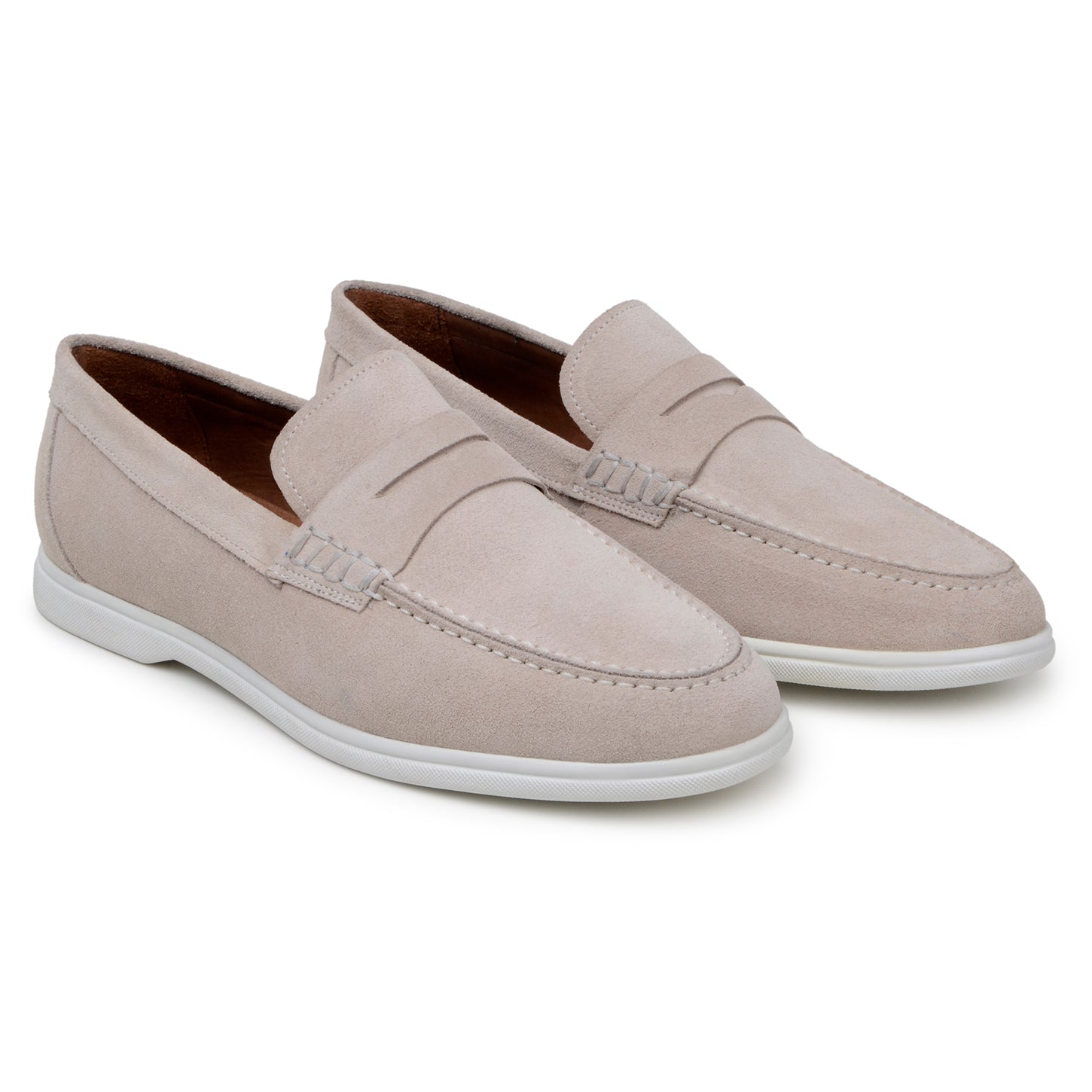 The BELVEDERE Belvedere - Niko Italian suede penny loafer in sand features a white rubber sole, moccasin-style stitching, and low heel—ideal lightweight slip-ons for men's loafer collections. Shown side profile on white background.