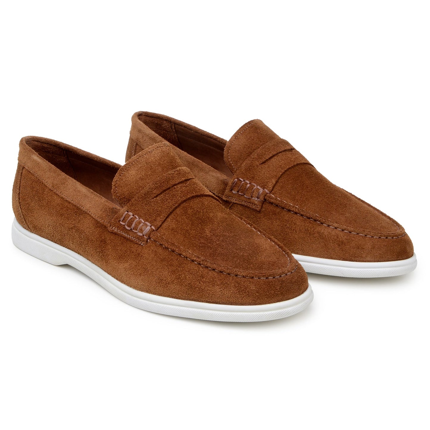 The BELVEDERE Belvedere - Niko Italian Suede Penny Loafer in Bourbon features brown suede, a white rubber sole, stitched side detail, and a low heel. This lightweight dress shoe is displayed on a plain white background.