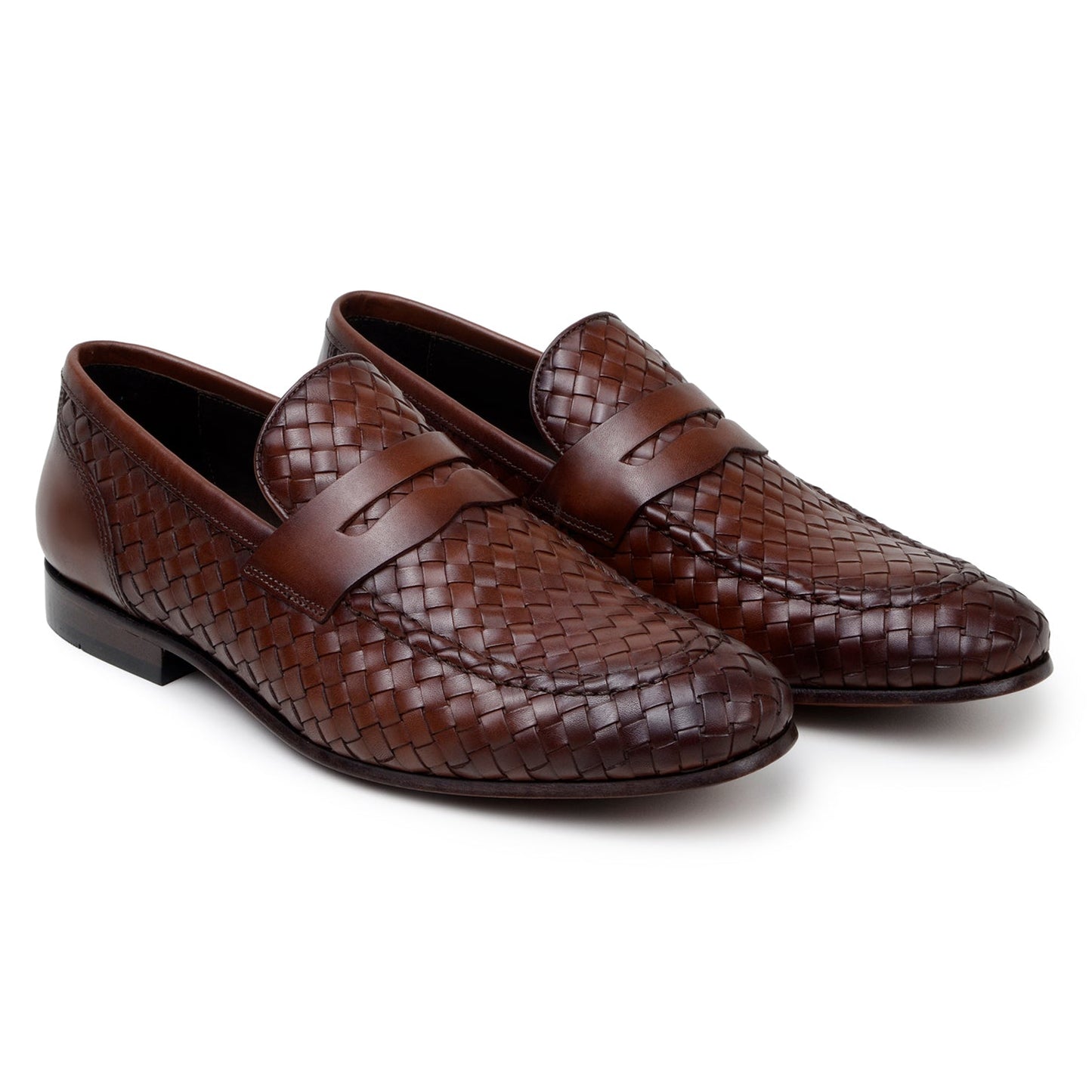 The BELVEDERE Belvedere - Luca Woven Calf Penny Loafer in Antique Tan features Italian woven calf leather, a low heel, and rounded toe, displayed in side profile against a white background.
