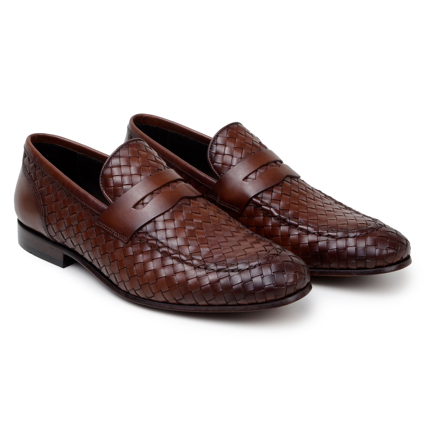 The BELVEDERE Belvedere - Luca Woven Calf Penny Loafer in Antique Tan features Italian woven calf leather, a low heel, and rounded toe, displayed in side profile against a white background.