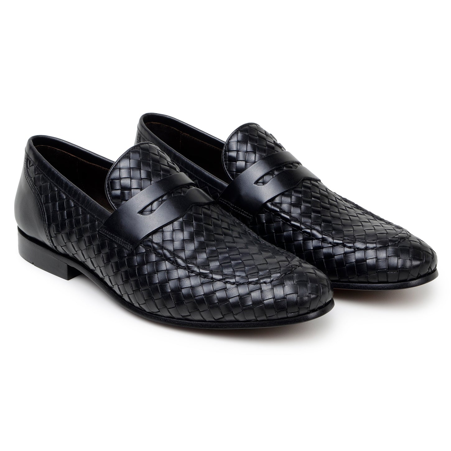 The BELVEDERE Belvedere - Luca Woven Calf Penny Loafer in black, crafted from Italian calf leather with a low heel and round toe, is photographed from the side on a white background.