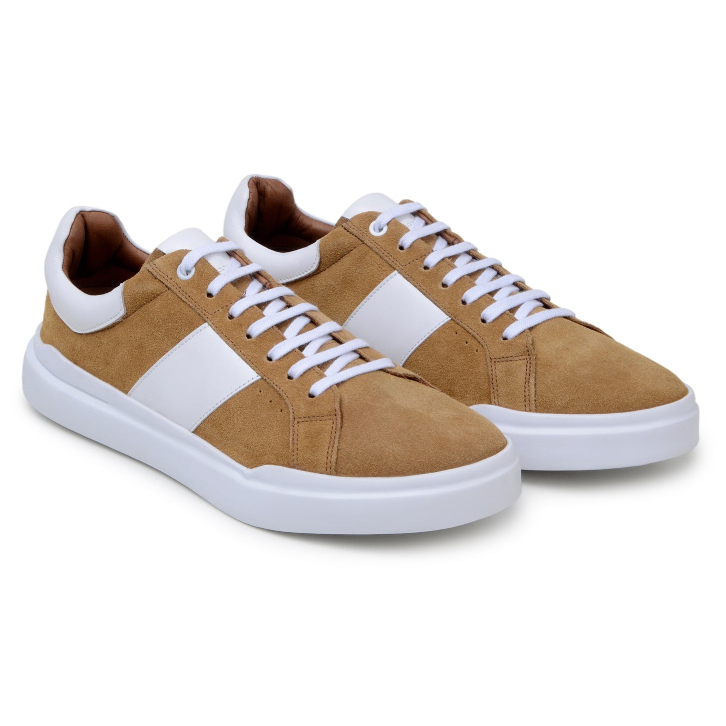 The BELVEDERE Olivier is a tan Italian suede and soft calf sneaker with a white leather stripe, white laces, thick white rubber sole, and cushioned insole, shown in side profile.