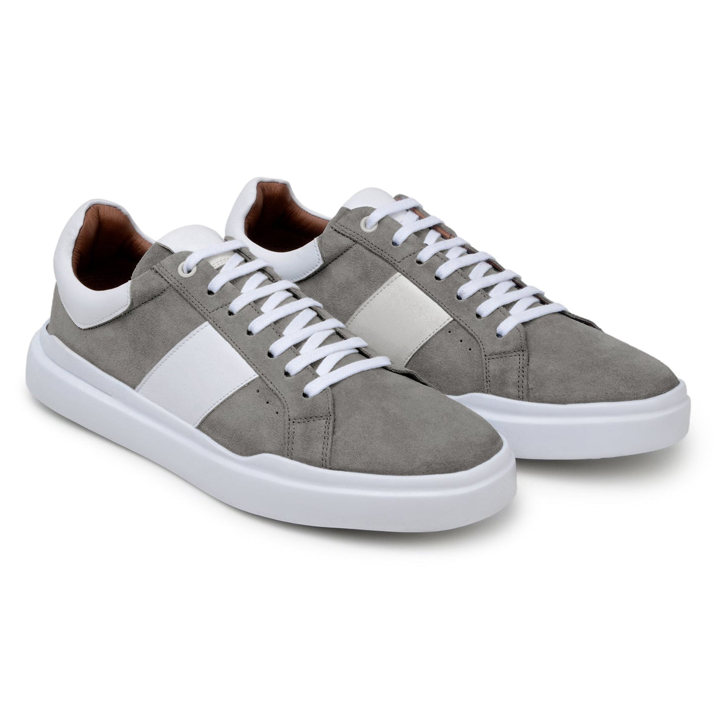 The BELVEDERE Belvedere - Olivier is a gray and white Italian suede/soft calf low-top shoe with a white sole, laces, and side stripe, shown in a side view on a plain background.