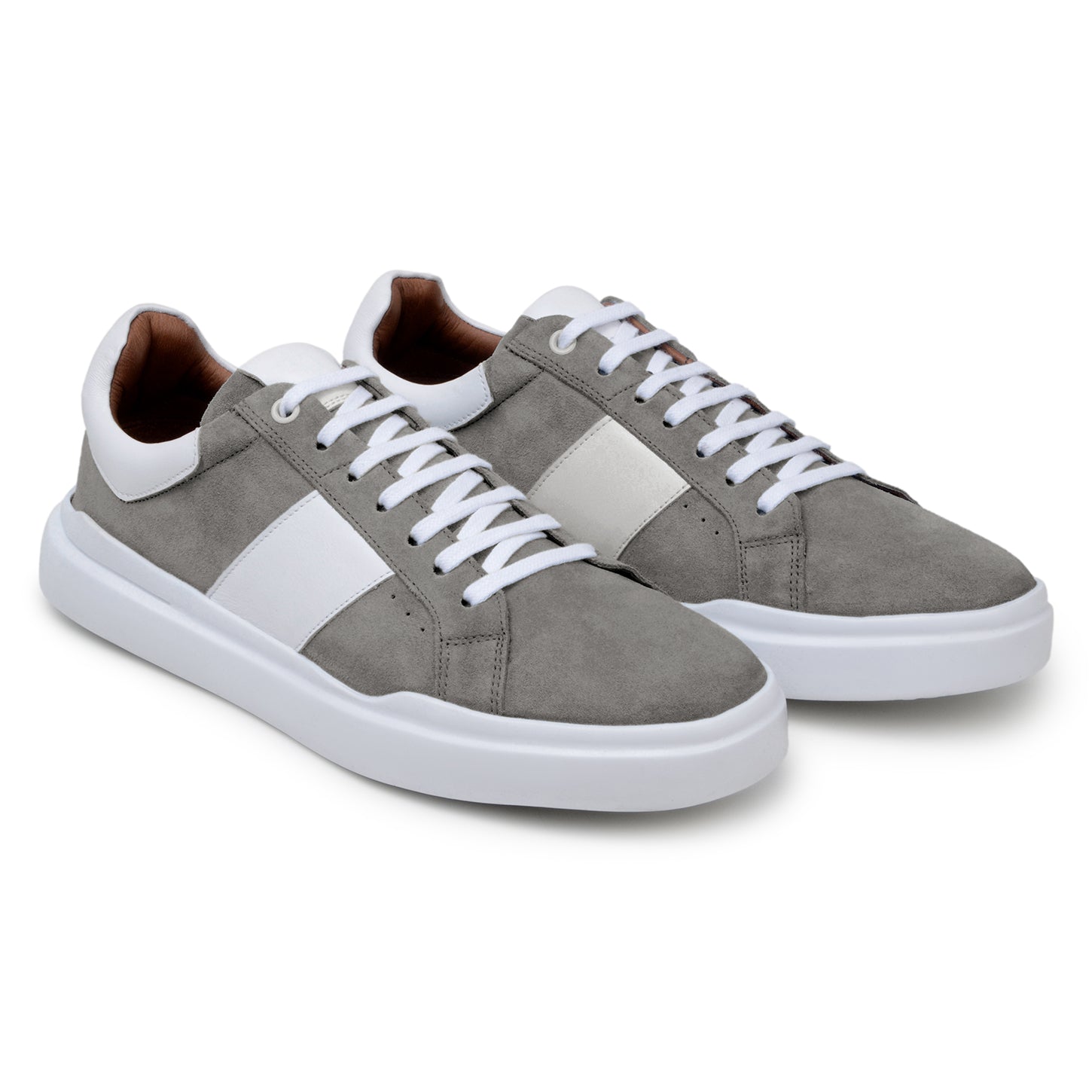 The BELVEDERE Belvedere - Olivier is a gray and white Italian suede/soft calf low-top shoe with a white sole, laces, and side stripe, shown in a side view on a plain background.