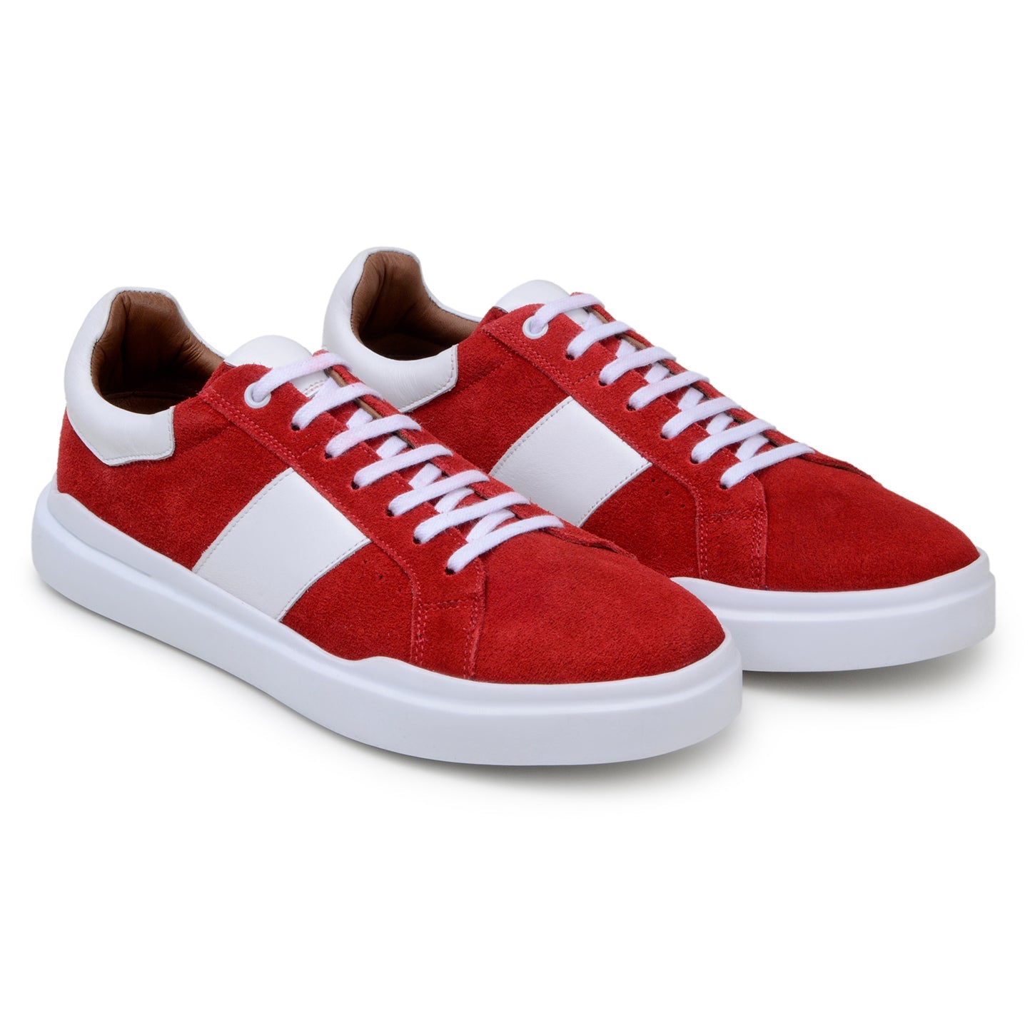 The BELVEDERE Belvedere - Olivier Italian Suede/Soft Calf Shoe in red and white features a cushioned insole, white laces, a white side stripe, and a thick white sole, shown from a side profile view.