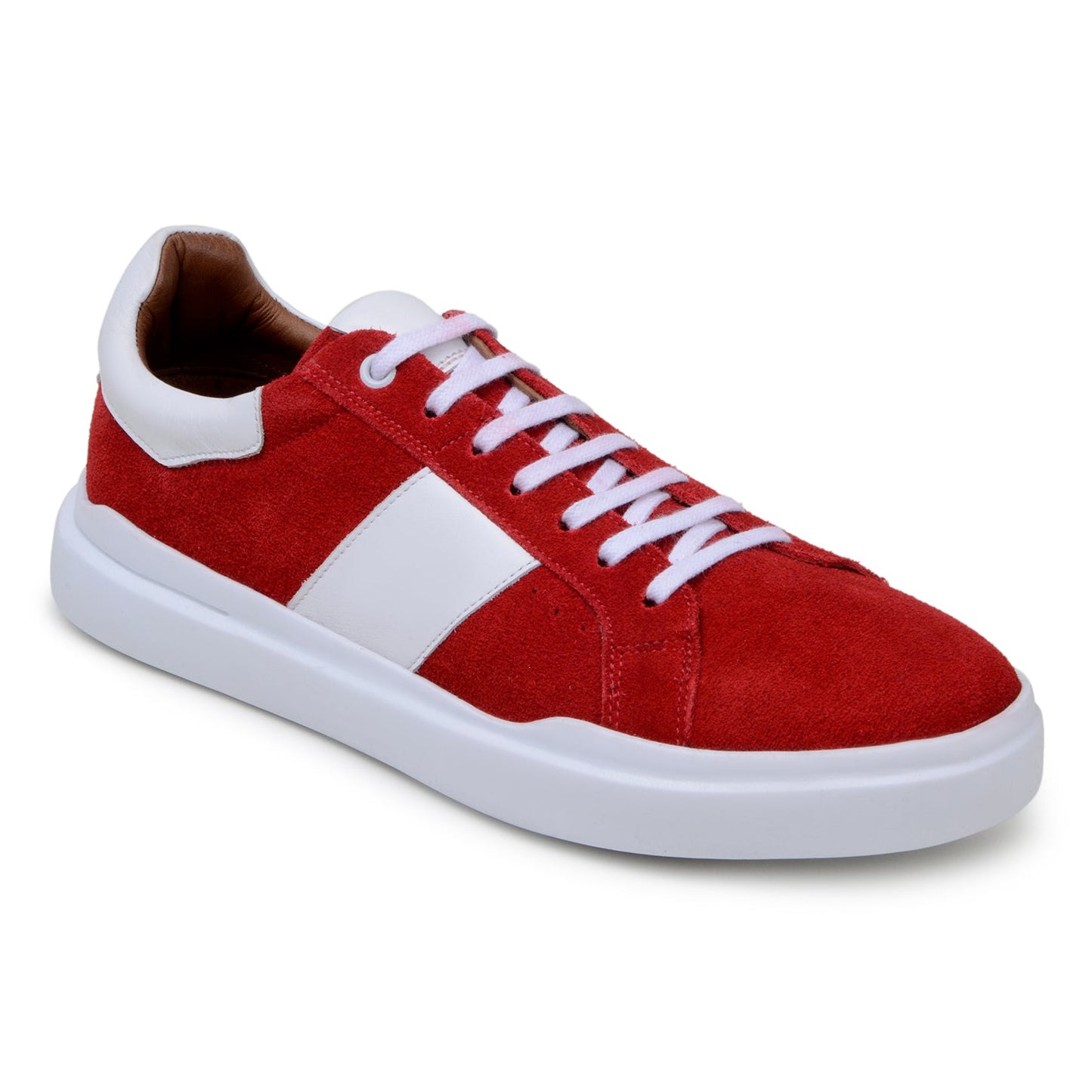 The BELVEDERE Belvedere - Olivier Italian Suede/Soft Calf Shoe in red and white features a cushioned insole, white laces, a white side stripe, and a thick white sole, shown from a side profile view.