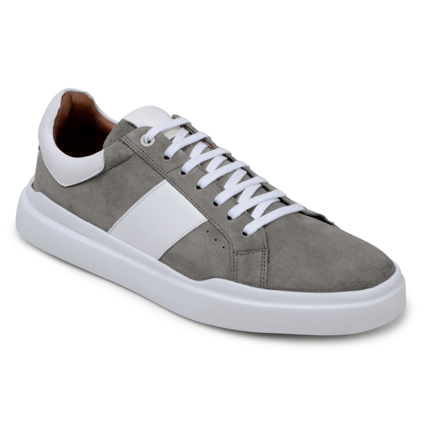 The BELVEDERE Belvedere - Olivier is a gray and white Italian suede/soft calf low-top shoe with a white sole, laces, and side stripe, shown in a side view on a plain background.