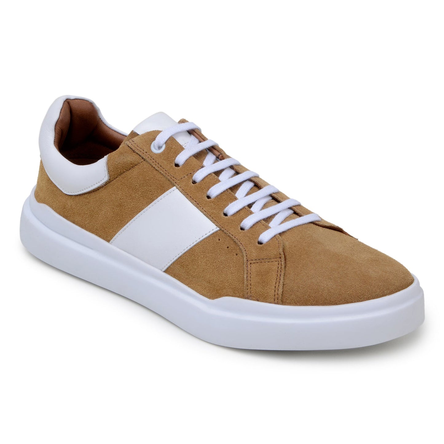 The BELVEDERE Olivier is a tan Italian suede and soft calf sneaker with a white leather stripe, white laces, thick white rubber sole, and cushioned insole, shown in side profile.